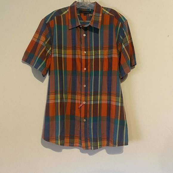 TOMMY Hilfiger Button Up Shirt Short Sleeve Orange Blue Plaid Checks Large - Picture 2 of 9